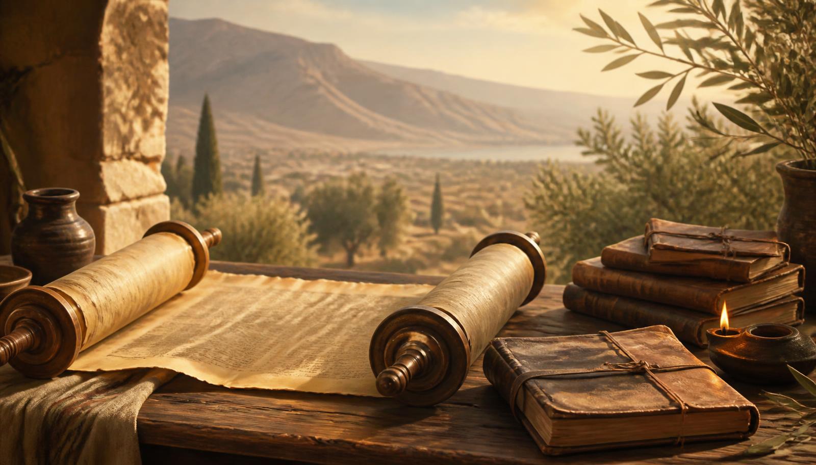 Ancient scroll and scriptures on a wooden table overlooking an Old Testament landscape